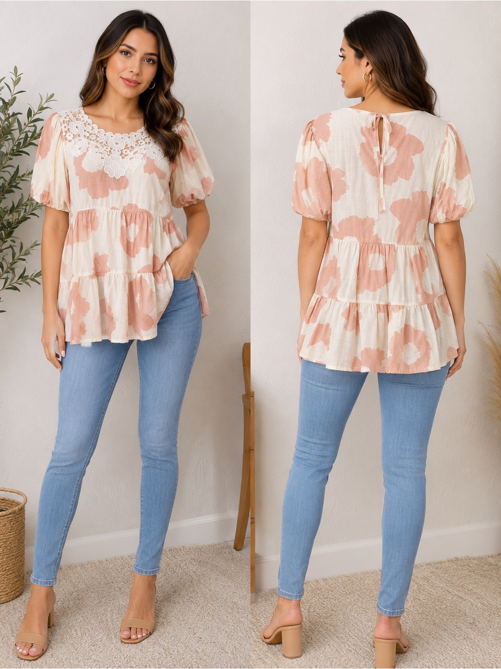 Crochet Yoke Tiered Peplum Tunic - Blush & Cream